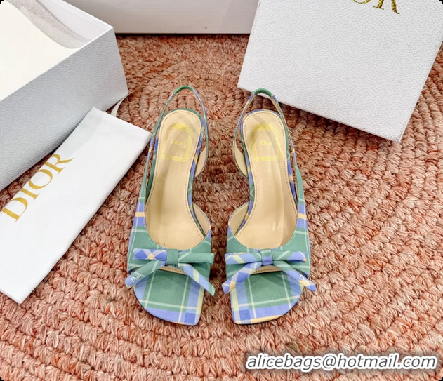 Classic Hot Dior Bow Green Blue Fabric Satin Heeled Slingback Sandals 6062701