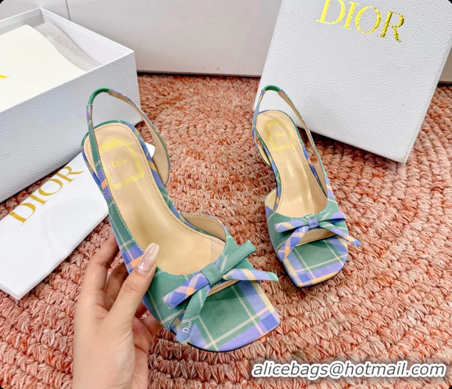 Classic Hot Dior Bow Green Blue Fabric Satin Heeled Slingback Sandals 6062701