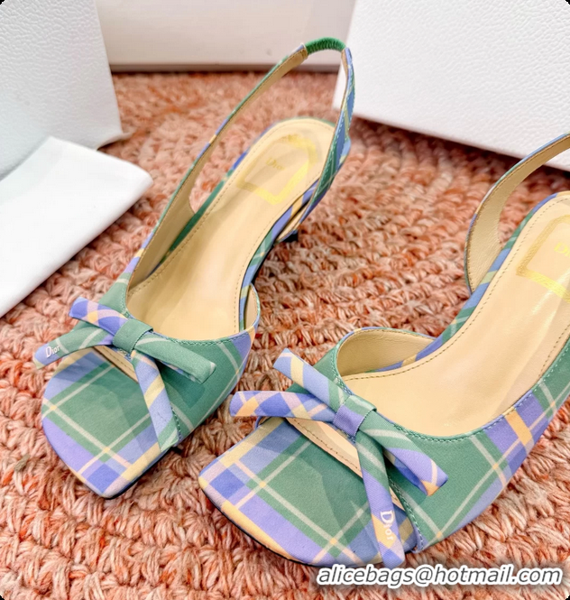 Classic Hot Dior Bow Green Blue Fabric Satin Heeled Slingback Sandals 6062701