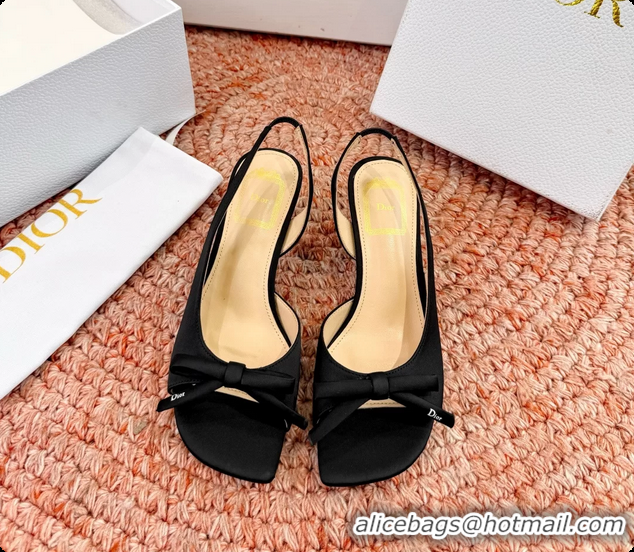 Grade Quality Dior Bow Black Satin Heeled Slingback Sandals 6062701
