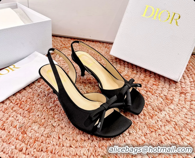 Grade Quality Dior Bow Black Satin Heeled Slingback Sandals 6062701