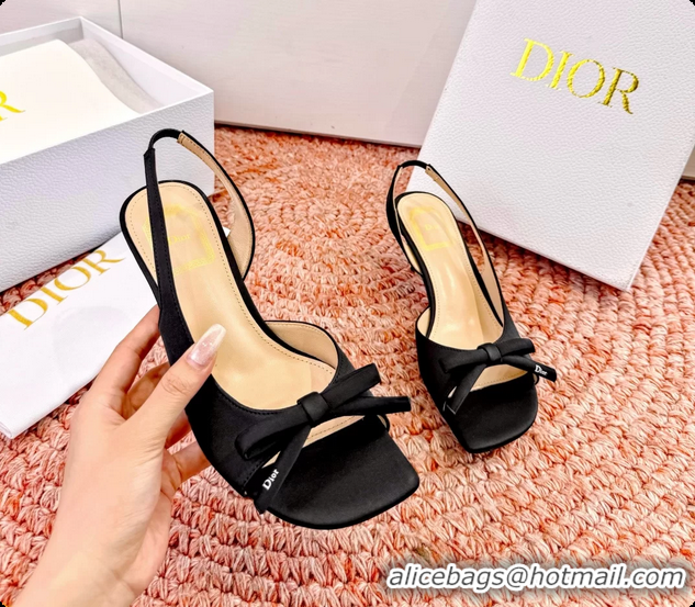 Grade Quality Dior Bow Black Satin Heeled Slingback Sandals 6062701