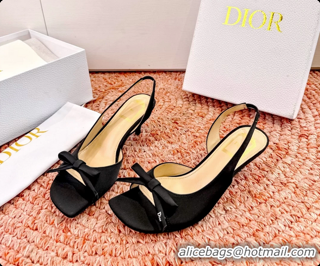 Grade Quality Dior Bow Black Satin Heeled Slingback Sandals 6062701