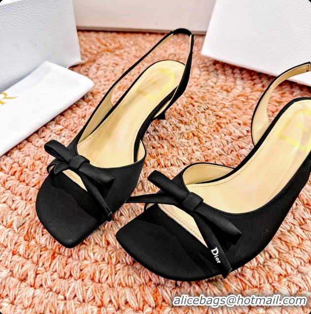 Grade Quality Dior Bow Black Satin Heeled Slingback Sandals 6062701