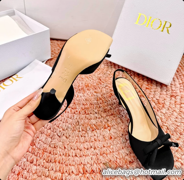 Grade Quality Dior Bow Black Satin Heeled Slingback Sandals 6062701