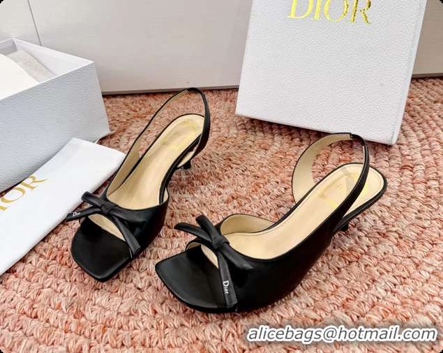 Luxurious Dior Bow Black Lambskin Leather Heeled Slingback Sandals 6062701