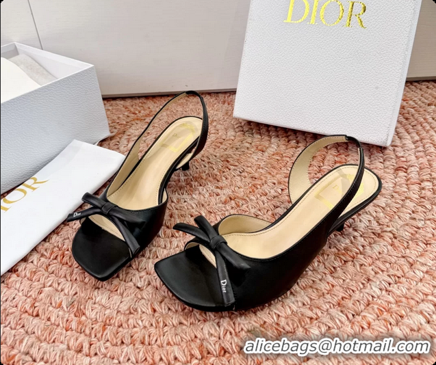 Luxurious Dior Bow Black Lambskin Leather Heeled Slingback Sandals 6062701