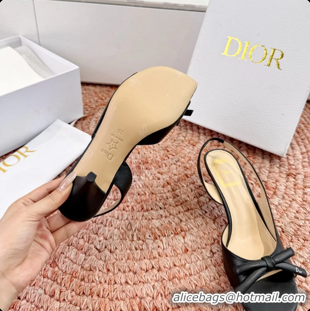 Luxurious Dior Bow Black Lambskin Leather Heeled Slingback Sandals 6062701