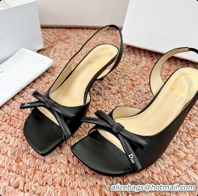 Luxurious Dior Bow Black Lambskin Leather Heeled Slingback Sandals 6062701