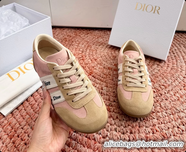 Shop Duplicate Dior Ribbon Sneakers Pink and Beige Suede Calfskin Leather 6062702