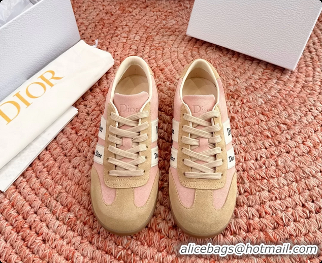 Shop Duplicate Dior Ribbon Sneakers Pink and Beige Suede Calfskin Leather 6062702