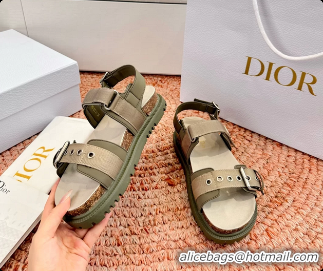 Grade Quality Dior Dioract Khaki Leather Flat Sandals 6062703