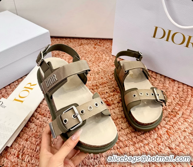 Grade Quality Dior Dioract Khaki Leather Flat Sandals 6062703