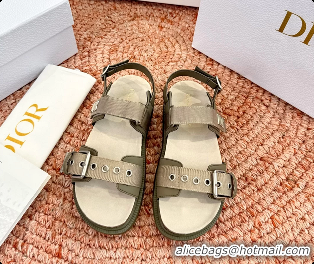 Grade Quality Dior Dioract Khaki Leather Flat Sandals 6062703