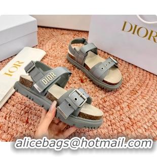 Classic Hot Dior Dioract Gray Leather Flat Sandals 6062703