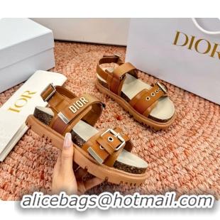 Top Grade Dior Dioract Brown Leather Flat Sandals 6062703