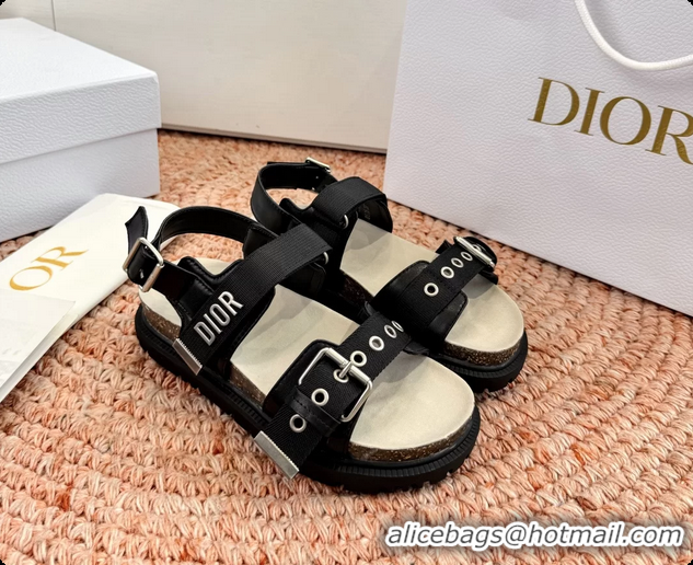 Low Price Dior Dioract Black Leather Flat Sandals 6062703