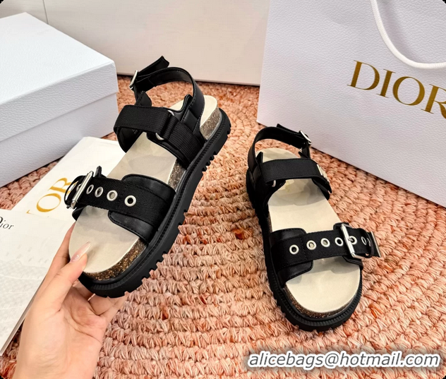 Low Price Dior Dioract Black Leather Flat Sandals 6062703