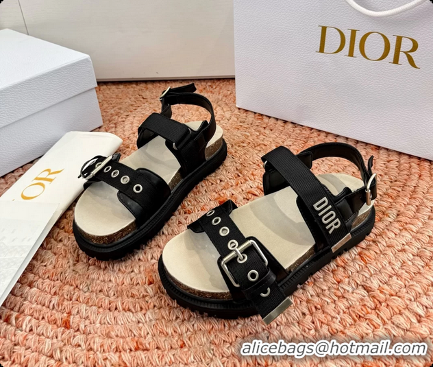 Low Price Dior Dioract Black Leather Flat Sandals 6062703