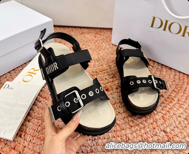 Low Price Dior Dioract Black Leather Flat Sandals 6062703