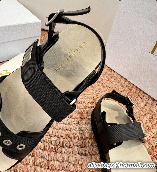 Low Price Dior Dioract Black Leather Flat Sandals 6062703