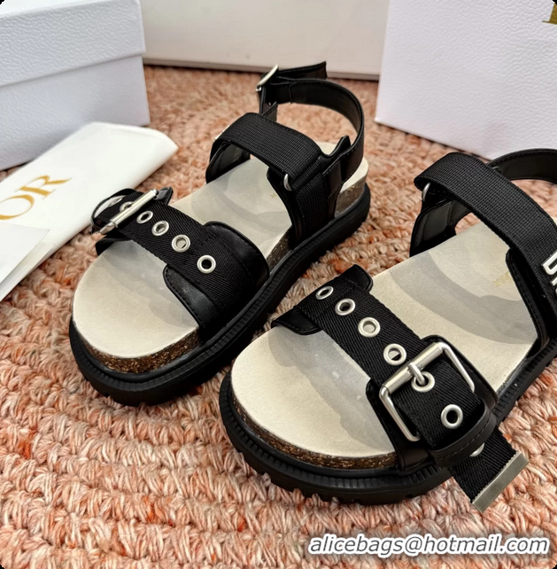 Low Price Dior Dioract Black Leather Flat Sandals 6062703