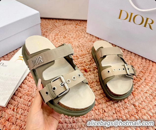 Fashion Dior Dioract Khaki Leather Flat Mules Slides Sandals 6062703