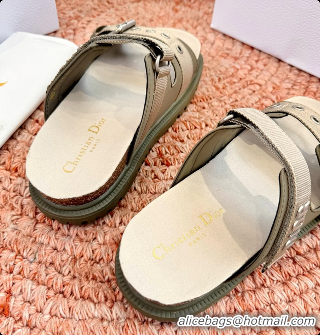 Fashion Dior Dioract Khaki Leather Flat Mules Slides Sandals 6062703