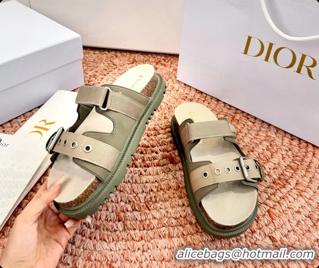 Fashion Dior Dioract Khaki Leather Flat Mules Slides Sandals 6062703