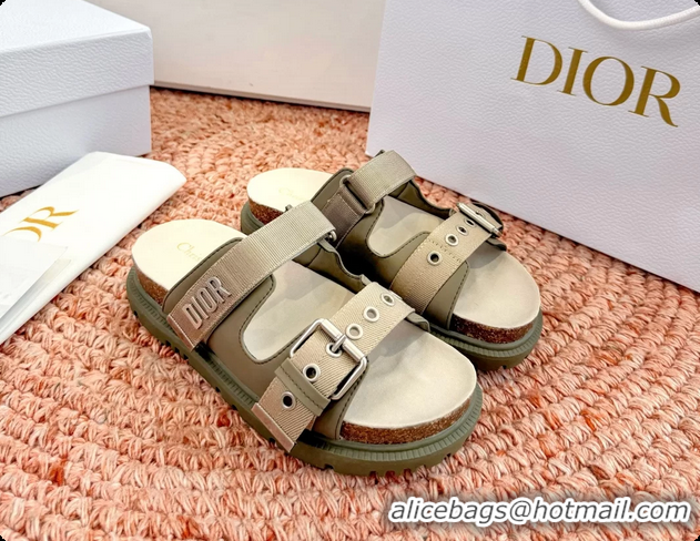 Fashion Dior Dioract Khaki Leather Flat Mules Slides Sandals 6062703