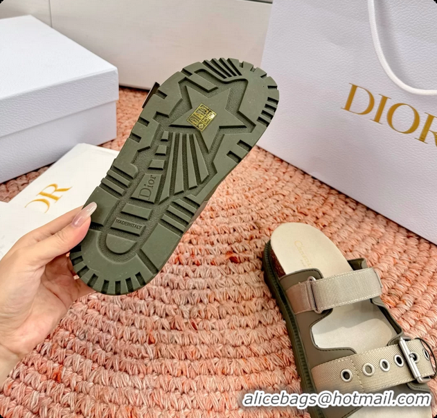 Fashion Dior Dioract Khaki Leather Flat Mules Slides Sandals 6062703