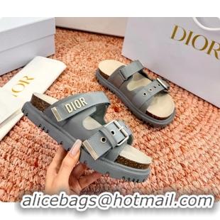Good Looking Dior Dioract Gray Leather Flat Mules Slides Sandals 6062703
