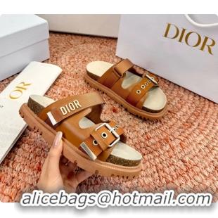 Durable Dior Dioract Brown Leather Flat Mules Slides Sandals 6062703