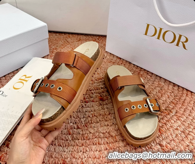 Durable Dior Dioract Brown Leather Flat Mules Slides Sandals 6062703