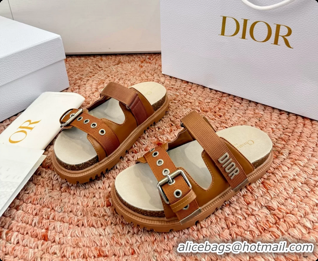Durable Dior Dioract Brown Leather Flat Mules Slides Sandals 6062703