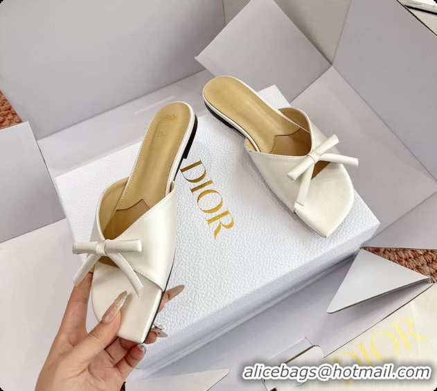 Good Product Dior Bow Flat Mule Slides Sandals White Satin 6062704
