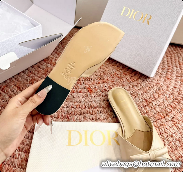 Purchase Dior Bow Flat Mule Slides Sandals Light Beige Calfskin Leather 6062704