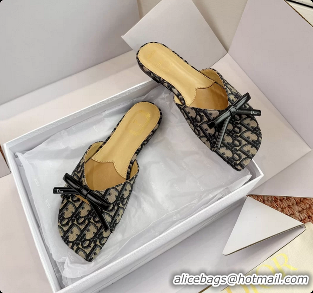 Best Price Dior Bow Flat Mule Slides Sandals Blue Dior Oblique Jacquard 6062704