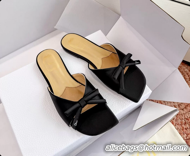 Classic Hot Dior Bow Flat Mule Slides Sandals Black Satin 6062704