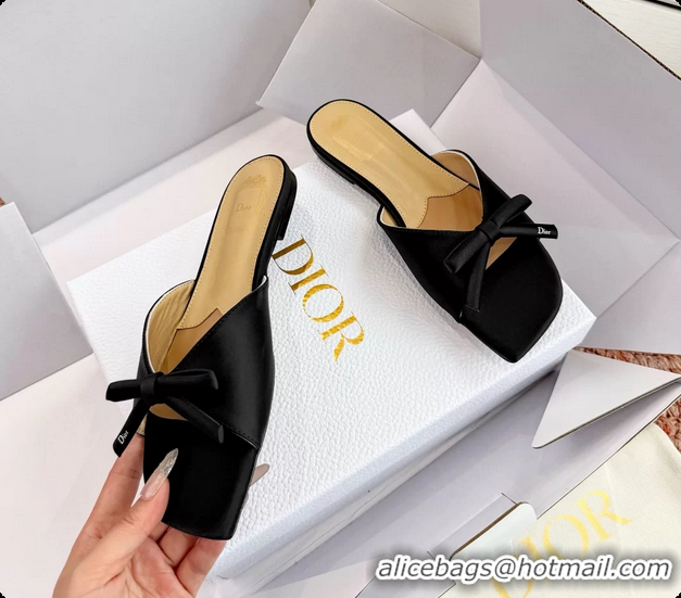 Classic Hot Dior Bow Flat Mule Slides Sandals Black Satin 6062704