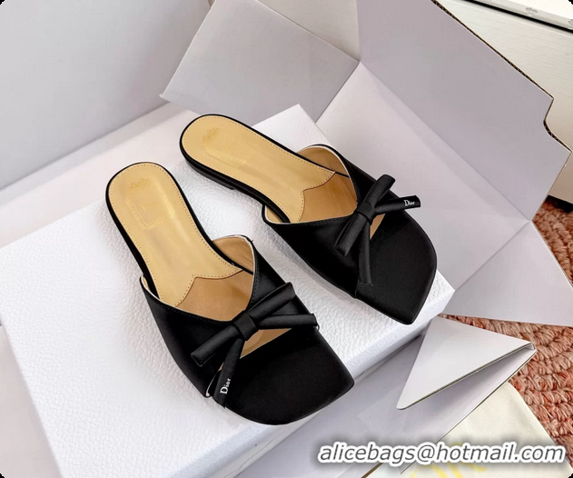Classic Hot Dior Bow Flat Mule Slides Sandals Black Satin 6062704