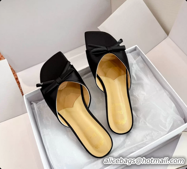 Classic Hot Dior Bow Flat Mule Slides Sandals Black Satin 6062704