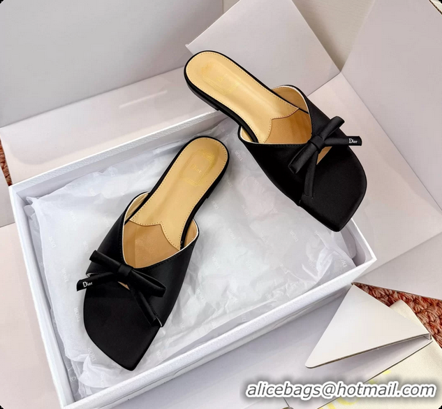 Classic Hot Dior Bow Flat Mule Slides Sandals Black Satin 6062704