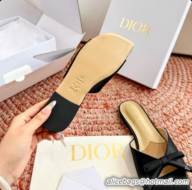 Classic Hot Dior Bow Flat Mule Slides Sandals Black Satin 6062704