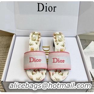Shop Duplicate Dior Dway Heeled Slides Sandals White and Songe Pink Embroidered Cotton and Multicolor Daisy Garden 60628