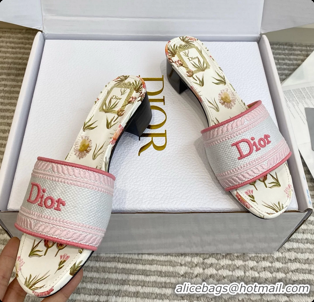 Shop Duplicate Dior Dway Heeled Slides Sandals White and Songe Pink Embroidered Cotton and Multicolor Daisy Garden 60628