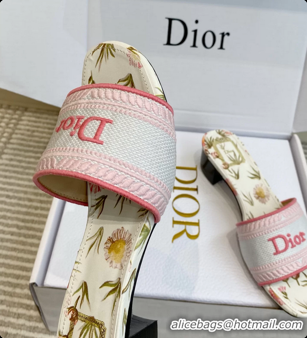 Shop Duplicate Dior Dway Heeled Slides Sandals White and Songe Pink Embroidered Cotton and Multicolor Daisy Garden 60628