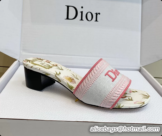 Shop Duplicate Dior Dway Heeled Slides Sandals White and Songe Pink Embroidered Cotton and Multicolor Daisy Garden 60628