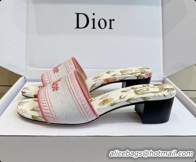 Shop Duplicate Dior Dway Heeled Slides Sandals White and Songe Pink Embroidered Cotton and Multicolor Daisy Garden 60628