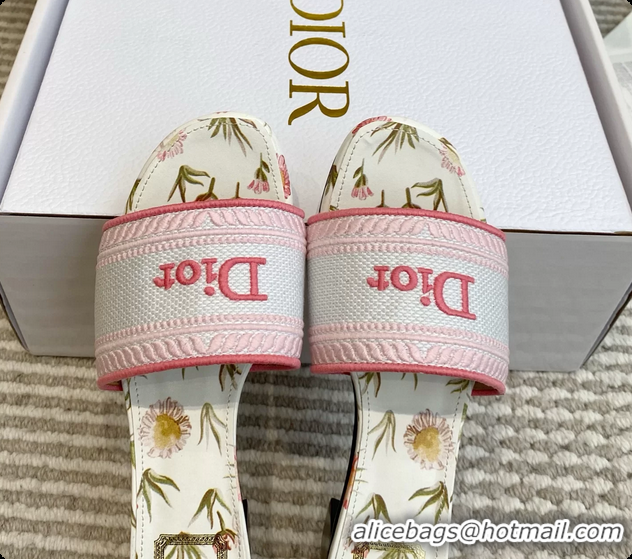 Shop Duplicate Dior Dway Heeled Slides Sandals White and Songe Pink Embroidered Cotton and Multicolor Daisy Garden 60628